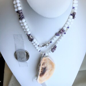 Sea shell necklace, long seashell, handcrafted in Vintage white beads, Lavender amethyst and can create a double strand summer choker