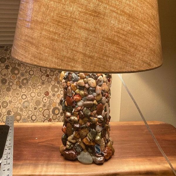 Michigan beach stone lamp 15” made from Jaspers, Unakite, Quartz, fossils all from Lake Superior/Michigan with Petsokey stones, Beach glass