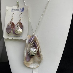 Wampum seashell necklace, ocean shells clustered, a Sterling plated seashell locket & matching earrings set on a Sterling plated rolo chain