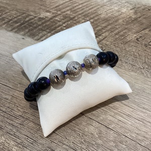 Mens black Jasper bracelet, with Sterling Silver plated textured beads with Sterling plated clasp