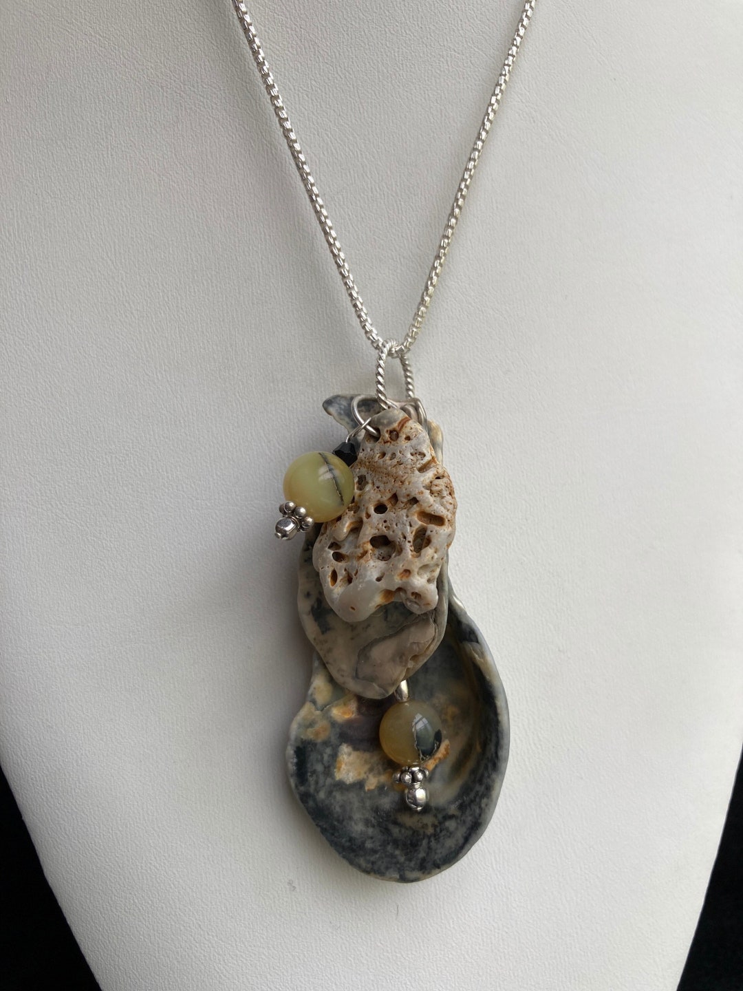 Sea Shell Pendant Necklace, Ocean Shells Clustered With Honey Opal ...