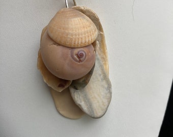 Sea shell pendant necklace, ocean shells clustered on Sterling plated rings