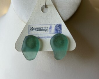 Spain Seaglass earrings, teal blue seaglass on sterling silver studs