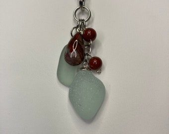 2 piece Beach glass pendant necklace made of beach glass, Mexican Lace Agate & Bloodstone beads on a sterling silver plated 20” cable chain