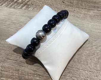 Mens black Jasper, and a Sterling Silver plated bead bracelet with Sterling plated clasp