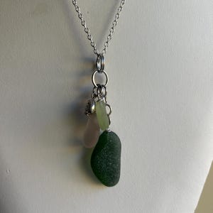 3 piece Sea glass pendant necklace made of natural green sea glass on a Sterling Silver plated 20” chain