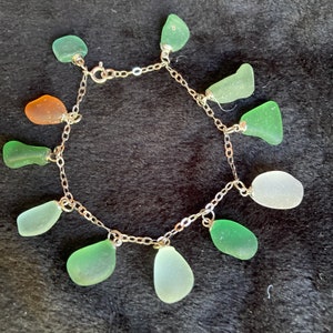Beach glass bracelet with Rhodium plated over Sterling silver flat oval cable bracelet - anklet