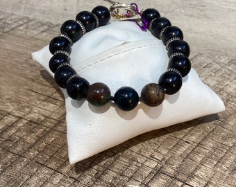 Mens unisex black Jasper and Jasper bracelet with sterling plated beads and a sterling silver toggle