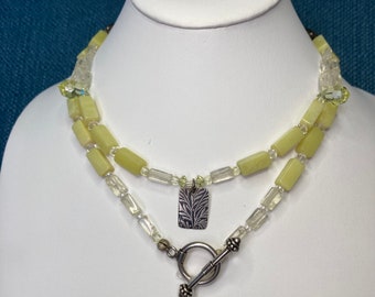 New Jade Serpentine necklace made with embossed Sterling leaf beads & pendant, Swarovski crystals, clear Quartz with matching bracelet set