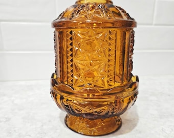Vintage Indiana Glass Stars & Bars Amber Fairy Lamp 6.5" Pressed Glass Candle Holder