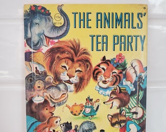 Könnte beinhalten: Ein Vintage-Kinderbuchcover mit einer farbenfrohen Illustration von Tieren, die eine Teeparty feiern. Der Titel des Buches lautet "The Animals' Tea Party" und der Verlag ist "A Rand McNally Junior Elf Book".