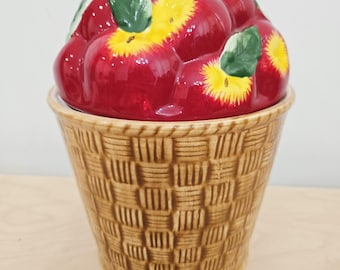 Tarro de cerámica vintage con forma de manzana para galletas, cesta tejida, bote de cerámica con diseño de manzana roja, decoración de cocina, estilo rústico, casa de campo, tarro de almacenamiento