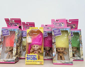 Trolls de Tesoro Vintage, Piedra de los Deseos Gema 3", Muñecos Troll en Caja, Amarillo, Rosa y Naranja - Tú Elige