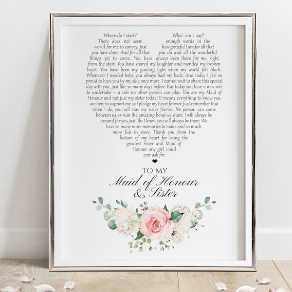 Sister Maid of Honour Thank You Print - Maid of Honour Gift -  To my Sister Poem Print - A4 (UNFRAMED)