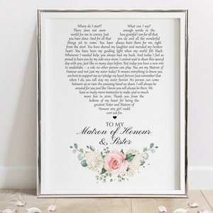 Sister Matron of Honour Thank You Print - Matron of Honour Gift -  To my Sister Poem Print - A4 (UNFRAMED)