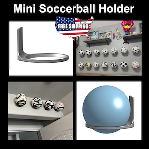 May include: A grey metal mini football holder. The holder is designed to cradle a football. The image shows the holder in a 3D rendering and also holding a blue ball. The text "Mini Soccerball Holder" is at the top of the image.