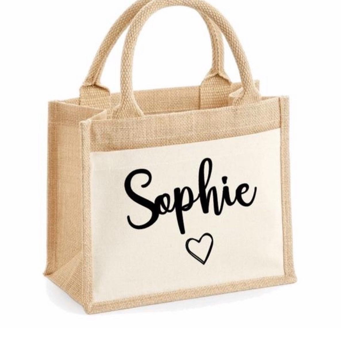 Personalsed Jute Lunch Bag, Heart Name Lunch Bag, Personalsed Work