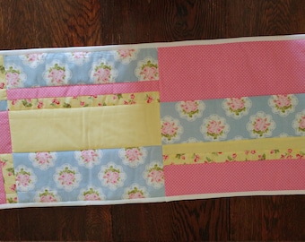 Handmade Quilted Table Runner or Dresser Scarf/Shabby Chic Cottage Prints in Blue, Pink and Yellow