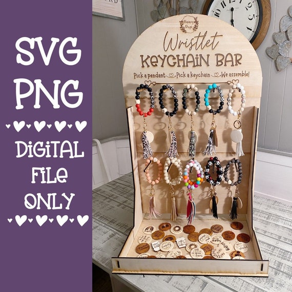 Display Stand for Wristlet Keychains Double Sided With Wood Pendant Basket  SVG File Glowforge Laser Cutter 