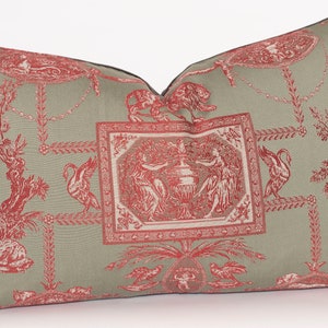 Pierre Frey Pastoral Jacquard Pillow in Sage/Red backed in velvet 16.5 x 25&quot; -- includes down/feather insert