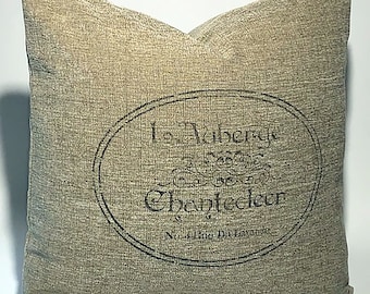 Handpainted French advertisement Pillow -- 18" square -- includes down/feather insert