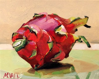 Fruit oil painting on canvas, dragon fruit in painting, still life painting, kitchen art, home decore. 8in x 10 in.