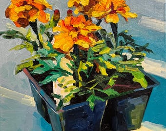 Florales Ölgemälde auf Leinwand, kleines Bild der orangen Blumen, Wohndekor, Öl auf Leinwand, Stillleben. 20cm x 20cm