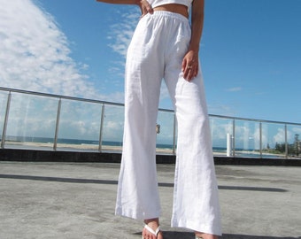 White Linen Elastic Waist Pants