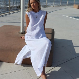 White Linen Maxi Dress/Linen Maxi Dress/Sleeveless Maxi Dress