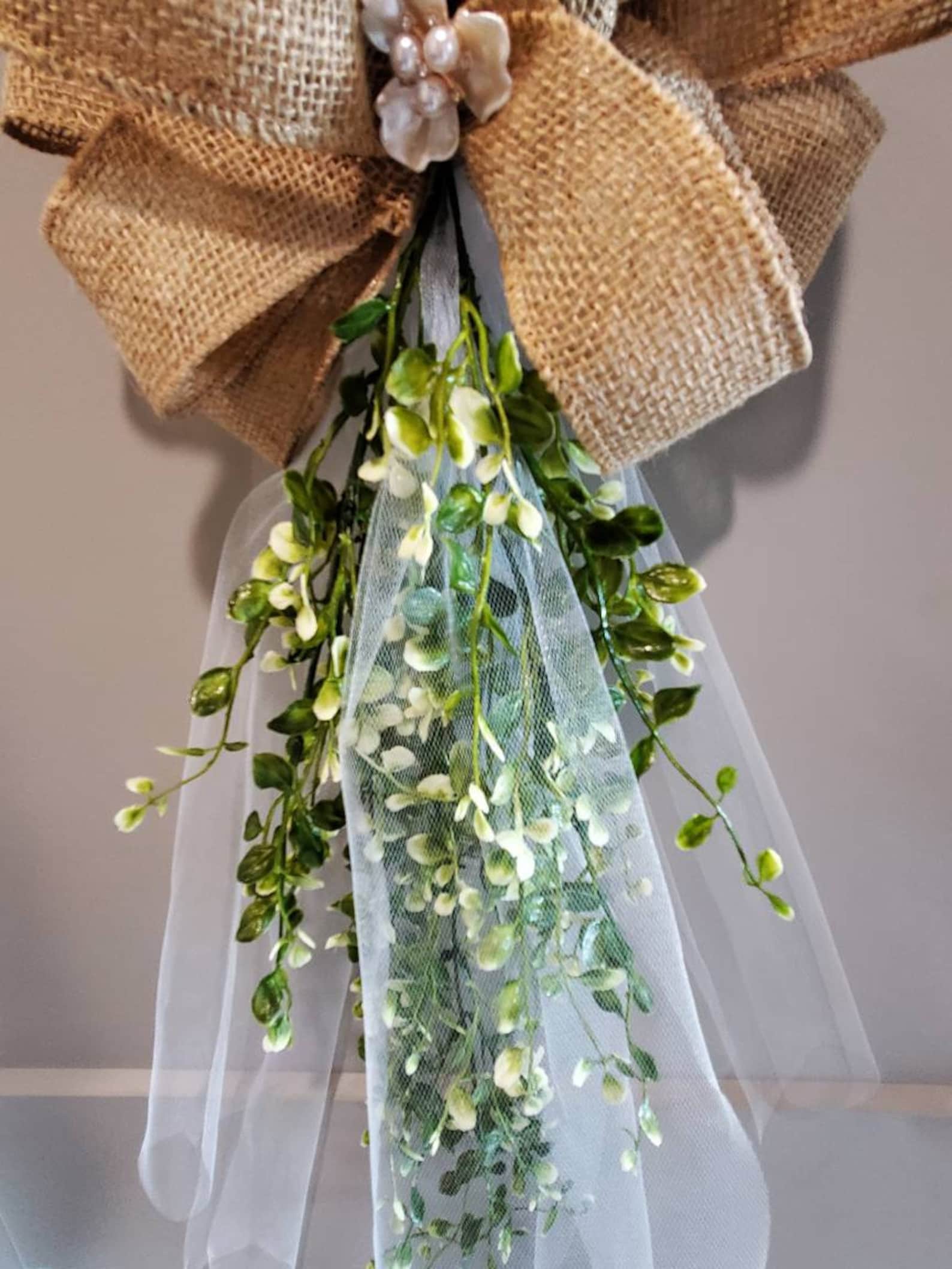 2 Wedding Bows: Burlap and White Tulle Pew or Chair Bows for Wedding - Etsy