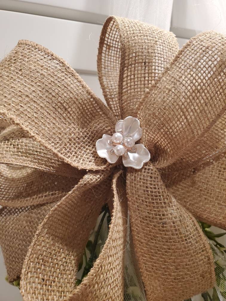 2 Wedding Bows: Burlap and White Tulle Pew or Chair Bows for Wedding - Etsy
