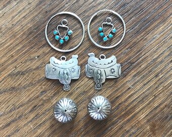 Vintage Southwestern Sterling Silver Hoop Earrings with 3 interchangeable Charms Saddle, Navajo Pawn Bead and Turquoise Heart