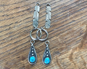 Vintage Southwestern Sterling Silver and Turquoise Hoop Earrings with 2 interchangeable Charms
