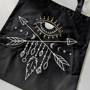 Black Tote Bag with Arrows, Eye and moon phases