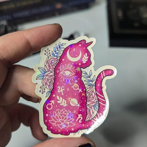 Sticker blanc roses et chat du zodiaque céleste rose avec étoile holographique brillante mystique unique