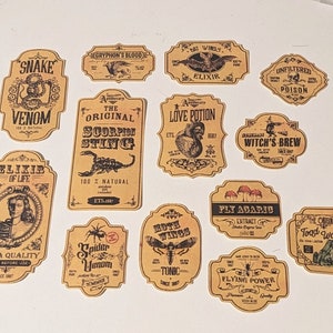 Adesivos para frascos de poções assustadoras de boticário impressos em papel pardo, bruxaria, Halloween.