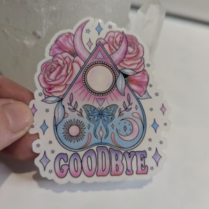 Helle Planchette mit Rosen, Mond und 'Auf Wiedersehen' gedruckt auf durchsichtiges Stickerpapier