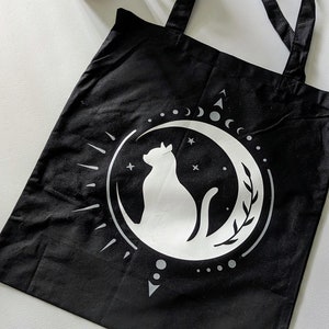 Black Tote Bag with Mystical Cat on Moon with Silver Highlights
