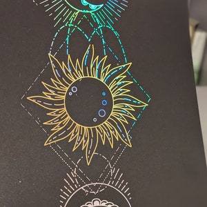 A4 Mystical Sun and Moon with Eye Line Art Foil Print with line and dot details