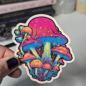 Knallige und bunte Pilze Sticker mit holografischem Stern leuchten Mystisch