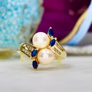 Heavyweight Pearl, Sapphire and Diamond Ring in 14ct Gold