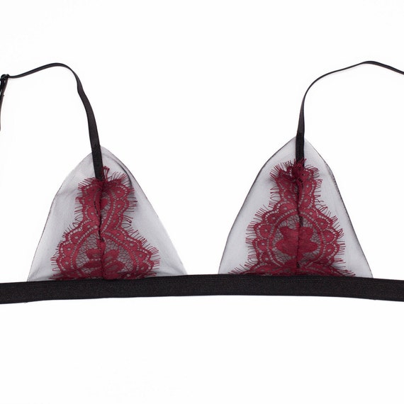 Foxie Lace Bralette Black & Burgundy Chantilly Lace Bralette Lace Lingerie  Girlfriend Gift 