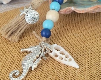 Coastal Bead Garland, Seahorse Charm, Jute Tassel, Nautical Decor