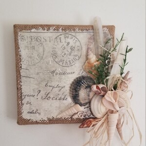 Beach Postcard Wall Hanging, Coastal Carte Postale, Shells and Burlap Wall Hanging, Beach Vacation Memories