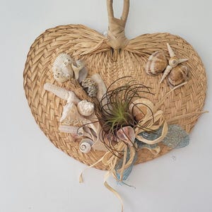 Coastal Wall Fan w/Driftwood, Shells & Succulent, Upcycled Woven Palm Leaf Wall Fan, Beach House Nautical Wall Decor, Coastal Bathroom Decor