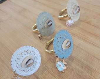 Upcycled Coastal Napkin Rings, Metal Napkin Rings with Sliced Shells and Nautical Enamel Charms, Summer Beach Table Decor, Hostess Gift