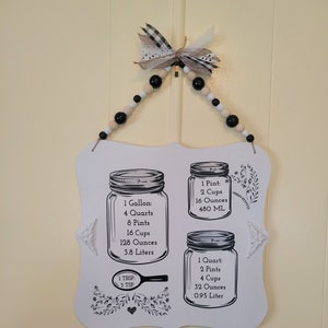 Puede incluir: Un letrero de madera blanco con ilustraciones en blanco y negro de tarros de albañil y texto. El letrero incluye medidas para un galón, un cuarto, una pinta y una taza en unidades estadounidenses y métricas. El letrero también incluye una cuchara con las medidas de una cucharada y una cucharadita.