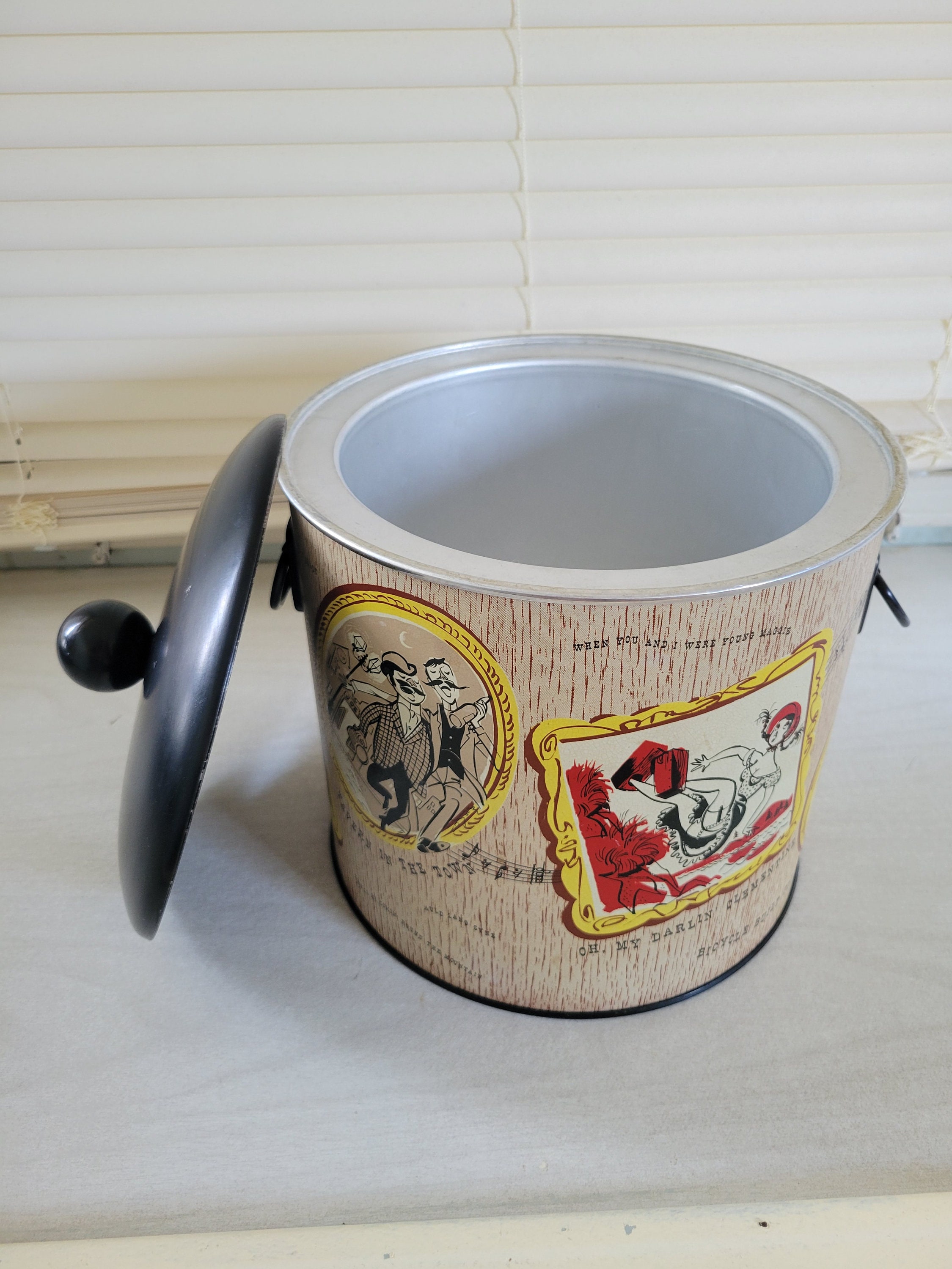 Vintage Insulated Ice Bucket With Aluminum Liner, 1950s Era Folk Song