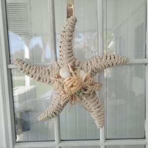 Coastal Starfish Wall Decor, Beach Wall Decor, Nautical Wall Decor, Cotton Nautical Rope Wrapped Starfish With Shells, Shell Wall Decor