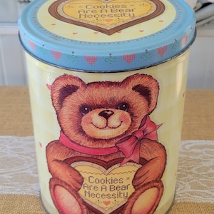 Vintage Teddy Bear Cookie Tin, Cookies Are A Bare Necessity Collectible 1980&#39;s Storage Tin w/Hearts, Farmhouse Country Cottage Core Decor